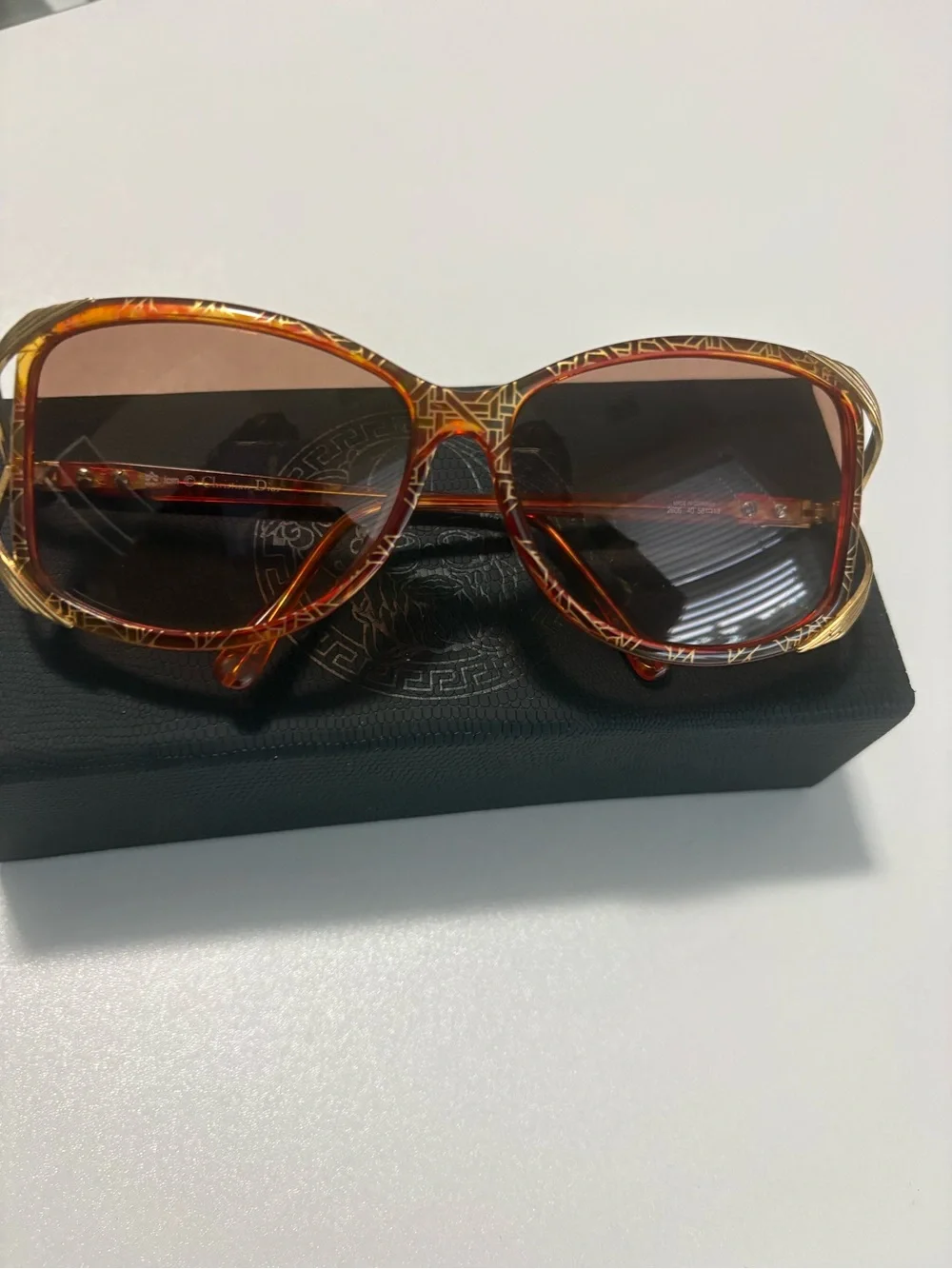 Vintage Christian Dior Women's Orange Patterned Oversized Sunglasses